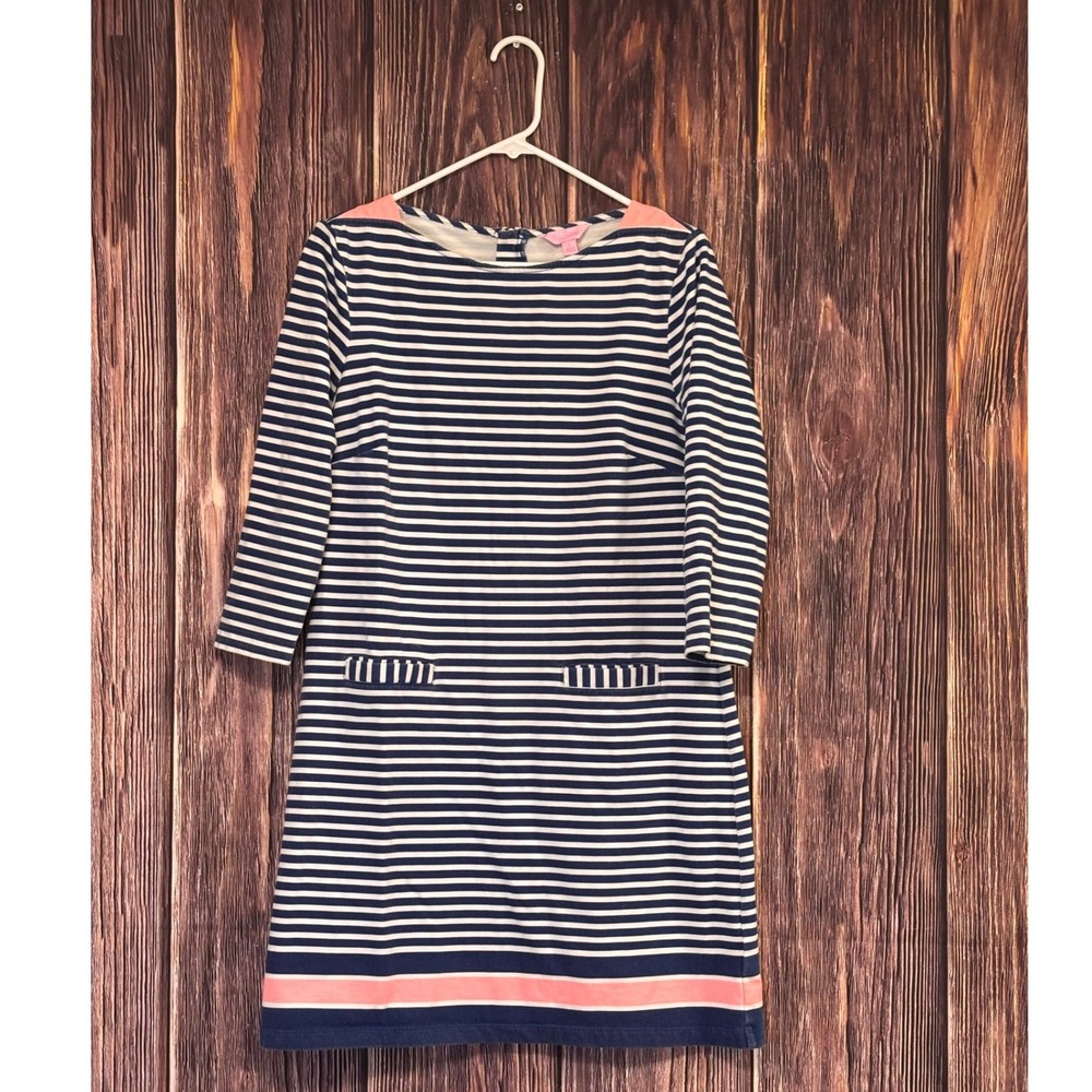 Lilly Pulitzer Irina Dress Womens L Navy Pink Striped French Terry Shift Preppy
